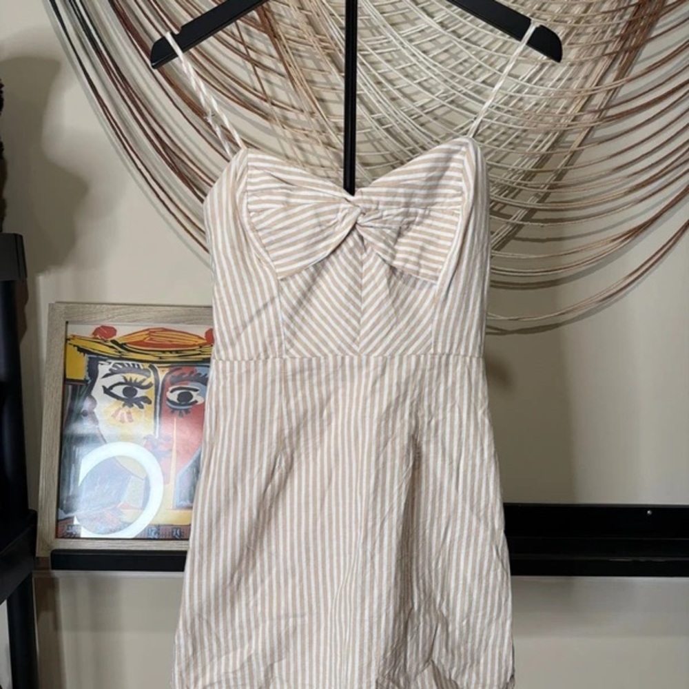 Derek Heart Beige & White Striped Bow-Front Mini Dress